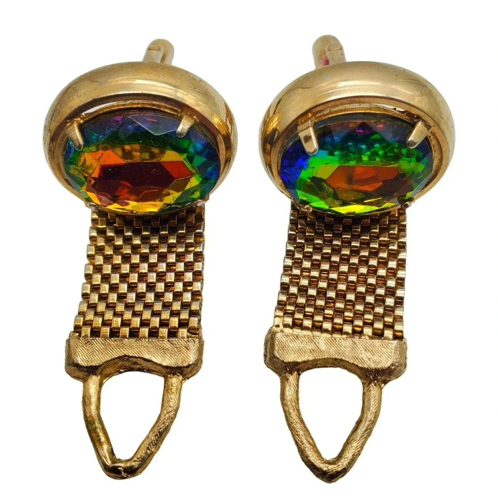 Large Gold Mesh Cufflinks Watermelon Rainbow Glass Retro Wrap Around Chunky Vtg